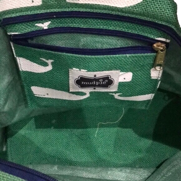Mud Pie Whales Beach Tote Bag Green with Navy Bow - Picture 4 of 4